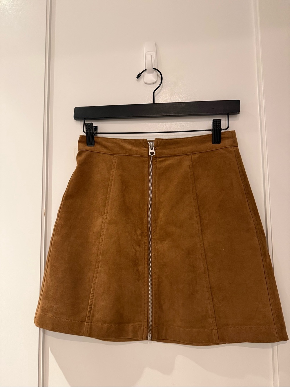 Aritzia Camel Suede-Look A-Line Mini Skirt with Front Zip
